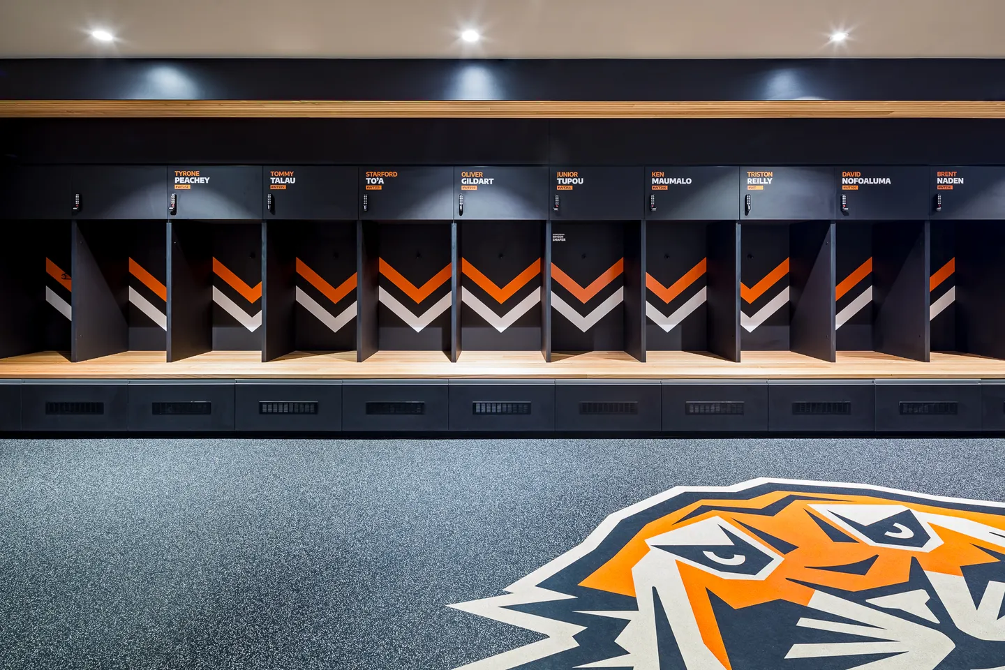 Player lockers and integrated bench seating — West Tigers Centre of Excellence